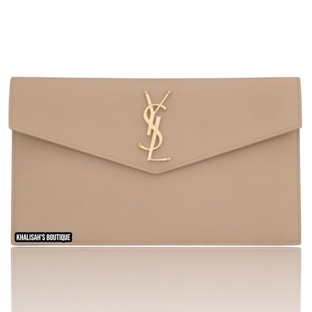 Authentic YSL Saint Laurent Uptown Monogram Grain de Poudre Clutch Dark Beige!!!